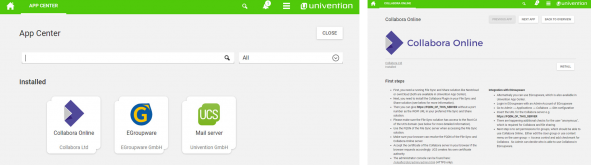 2 Screenshots of EGroupware and Collabora in the Univention App Center