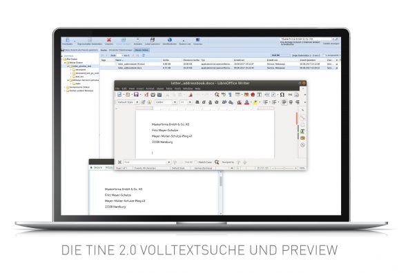 Screenshot von der Volltextsuche und Preview Funktion in Tine 2.0 Caroline
