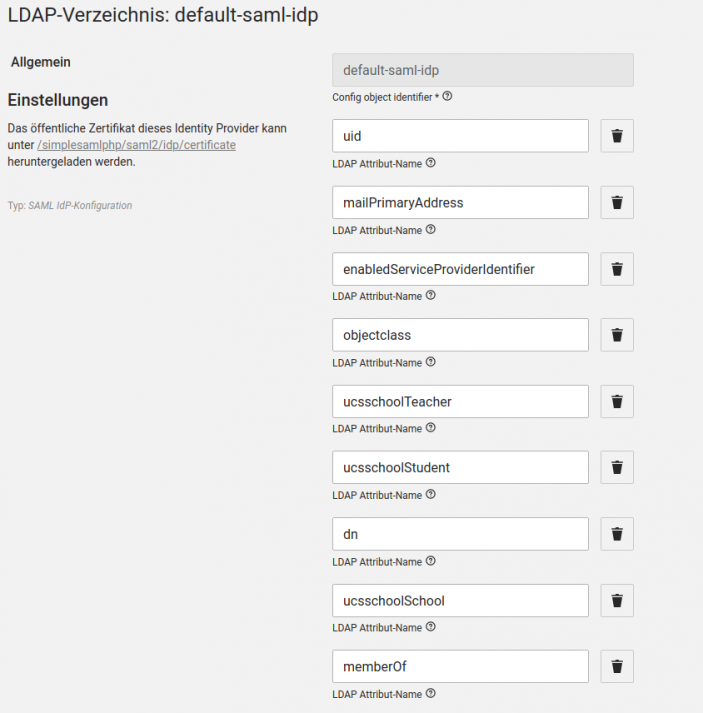 Screenshot: UCS Webuntis default SAML IDP Attribute