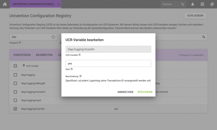 Screenshot der Benutzeroberfläche der Univention Configuration Registry mit eingeblendetem Fenster zur Bearbeitung der UCR-Variable