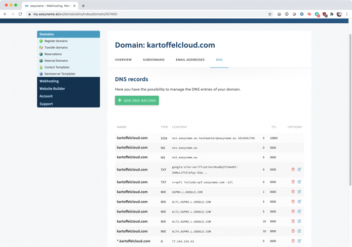 Screenshot of DNS entries hosted at an external domain registry service