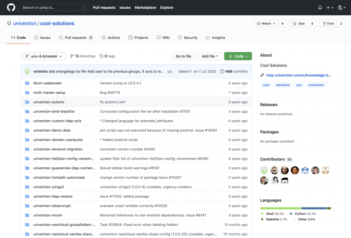 Screenshot showing Univention's Cool Solutions on GitHub